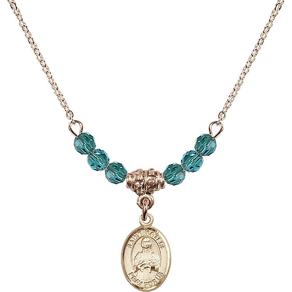 14kt Gold Filled Saint Kateri Tekakwitha Birthstone Necklace with Zircon Beads - 9061