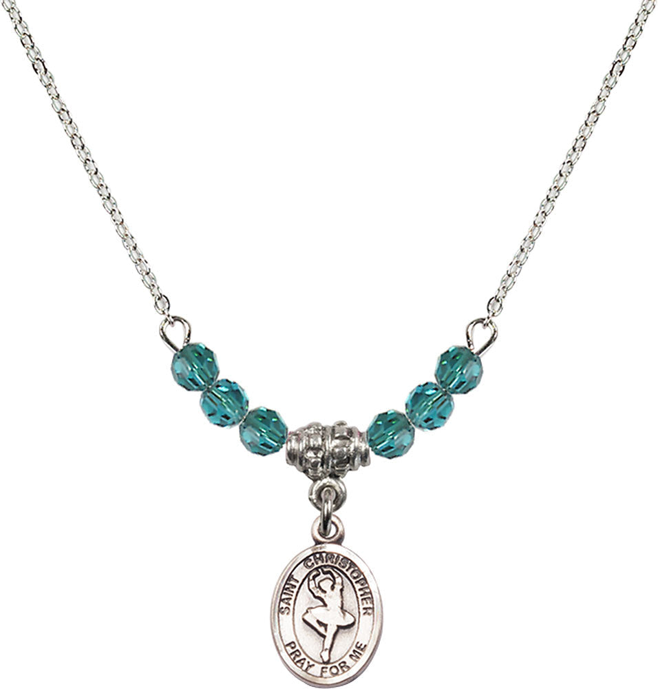 Sterling Silver Saint Christopher/Dance Birthstone Necklace with Zircon Beads - 9143