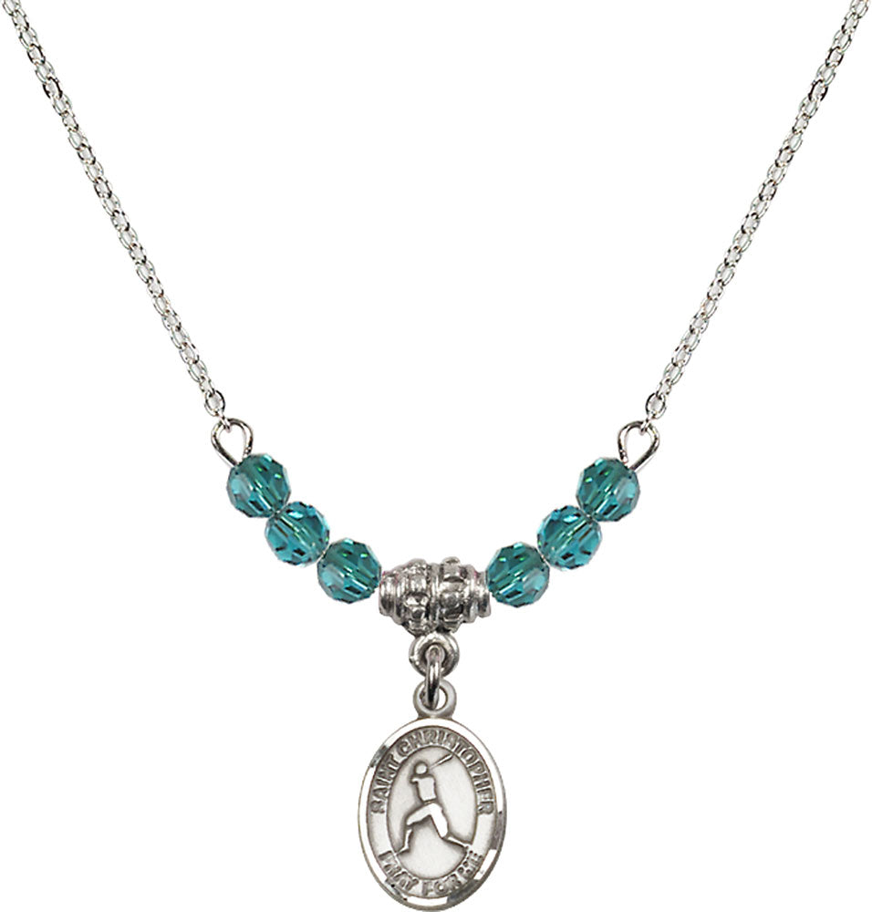 Sterling Silver Saint Christopher/Baseball Birthstone Necklace with Zircon Beads - 9150
