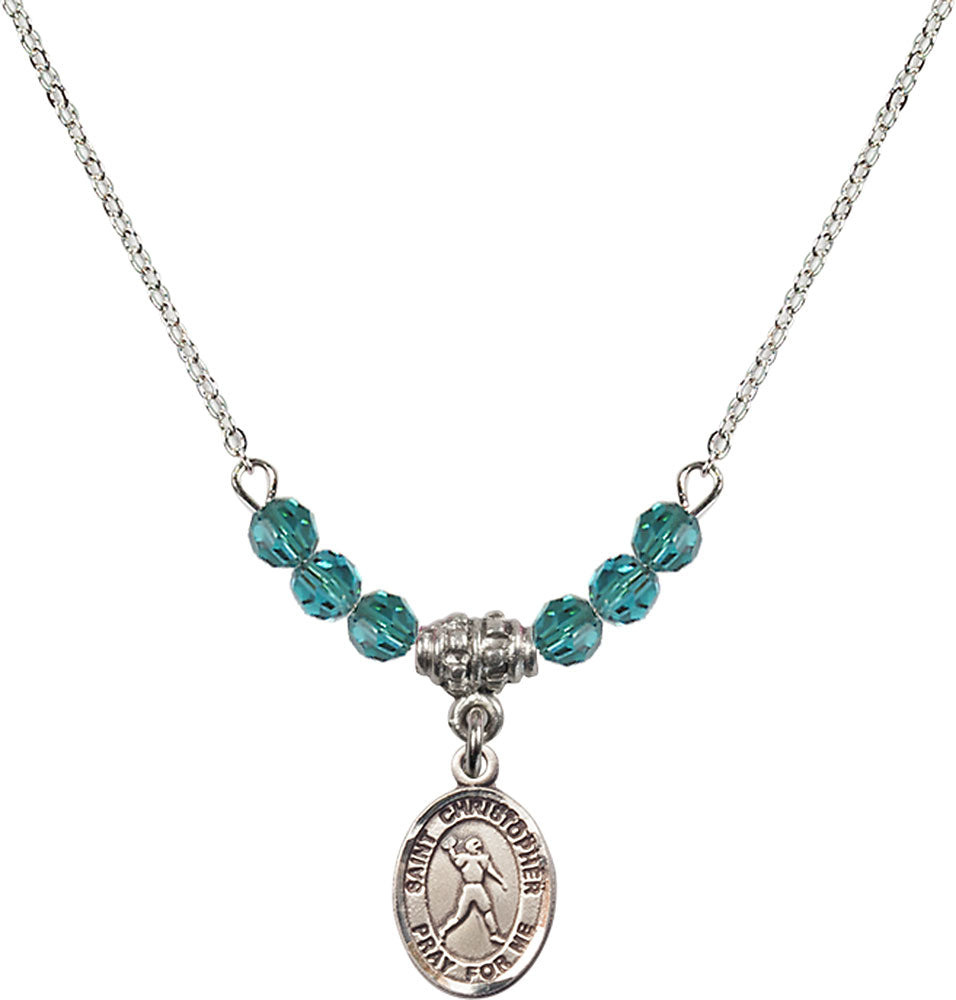 Sterling Silver Saint Christopher/Football Birthstone Necklace with Zircon Beads - 9151