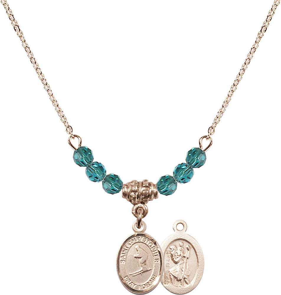 14kt Gold Filled Saint Christopher / Skiing Birthstone Necklace with Zircon Beads - 9193