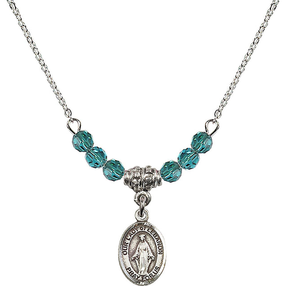 Sterling Silver Our Lady of Lebanon Birthstone Necklace with Zircon Beads - 9229