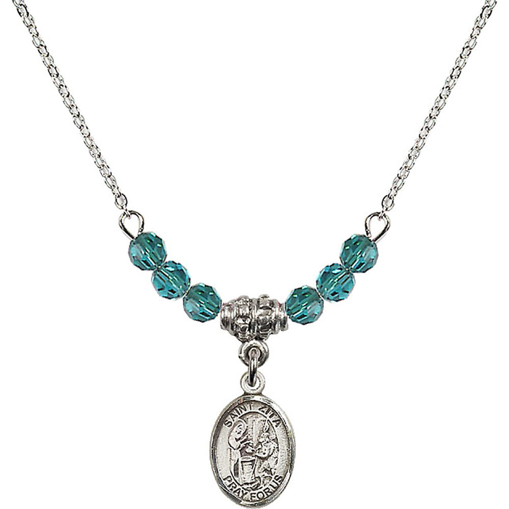 Sterling Silver Saint Zita Birthstone Necklace with Zircon Beads - 9244