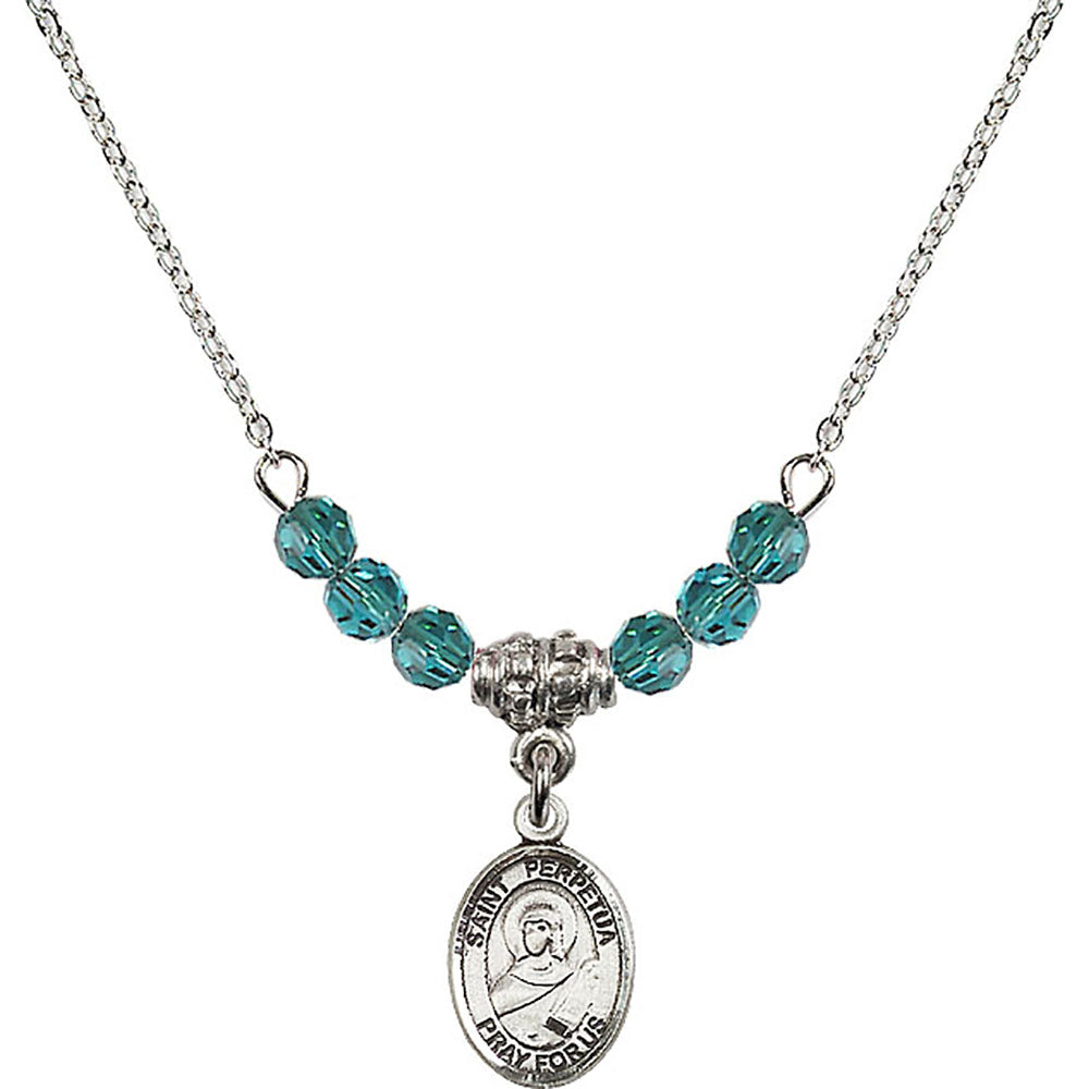 Sterling Silver Saint Perpetua Birthstone Necklace with Zircon Beads - 9272