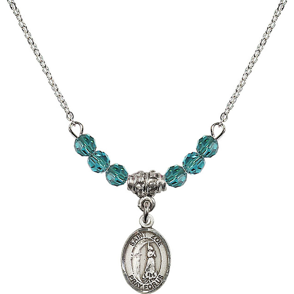 Sterling Silver Saint Zoe of Rome Birthstone Necklace with Zircon Beads - 9314