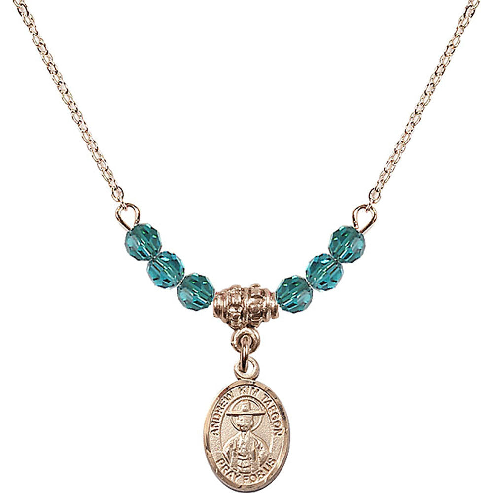 14kt Gold Filled Saint Andrew Kim Taegon Birthstone Necklace with Zircon Beads - 9373