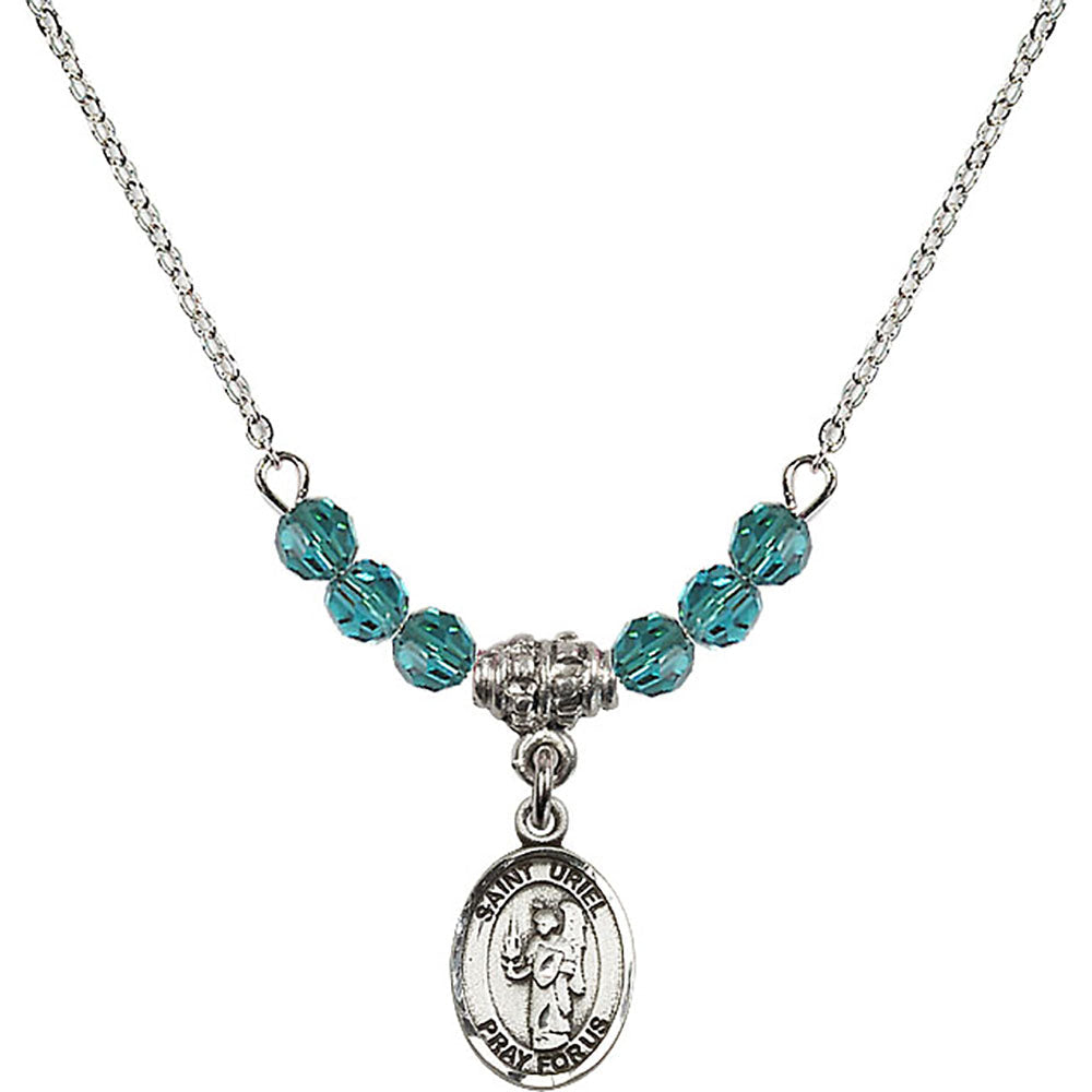 Sterling Silver Saint Uriel the Archangel Birthstone Necklace with Zircon Beads - 9378
