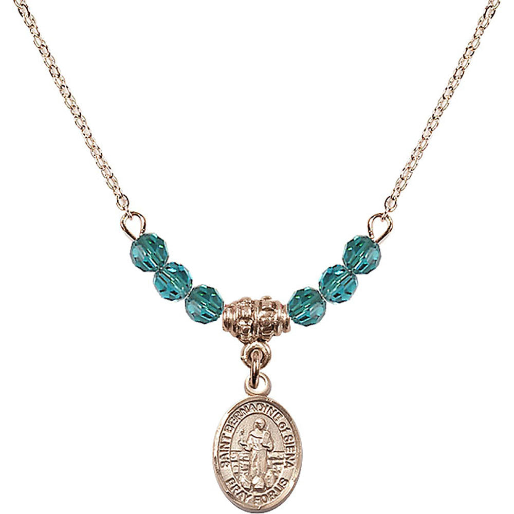 14kt Gold Filled Saint Bernadine of Sienna Birthstone Necklace with Zircon Beads - 9387