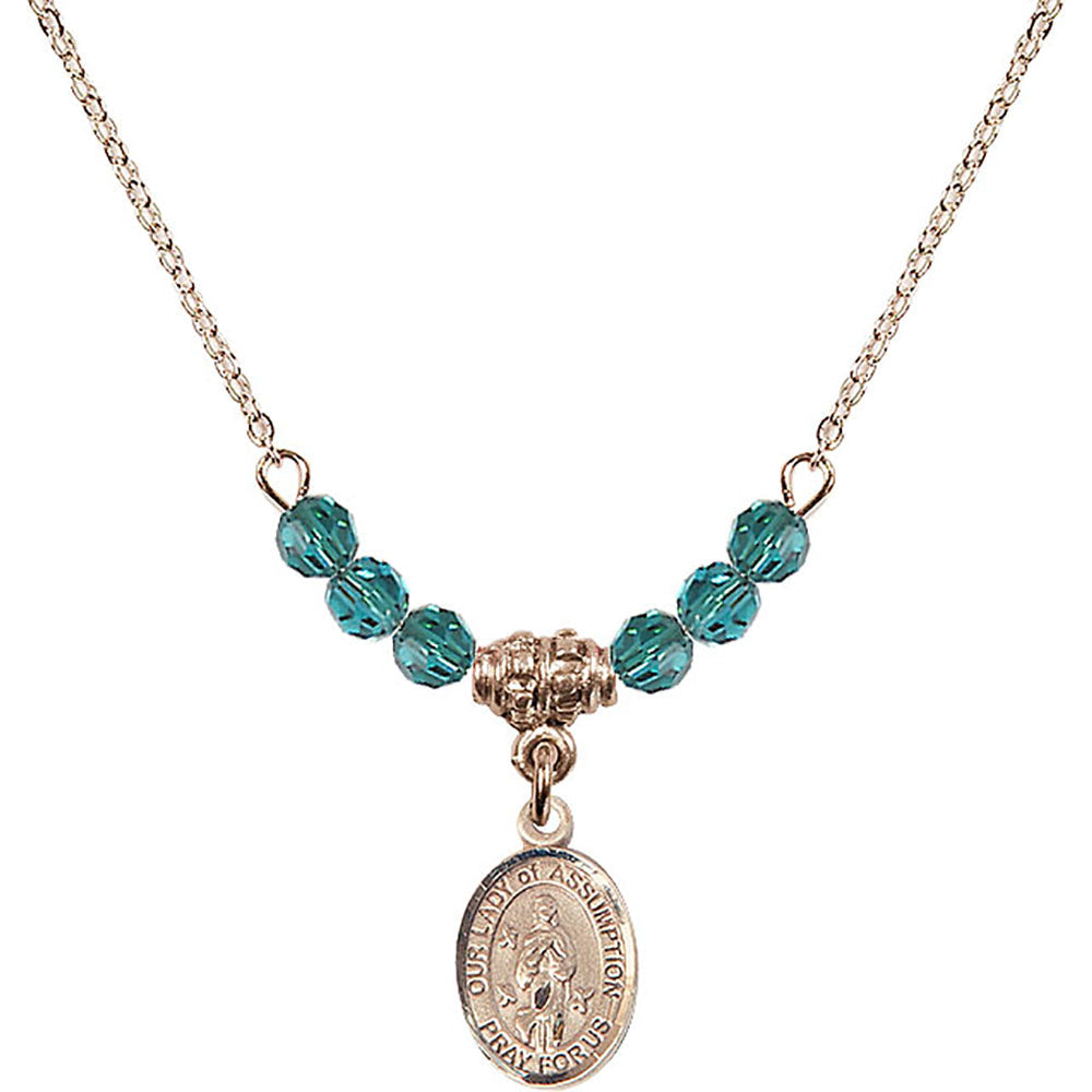 14kt Gold Filled Our Lady of Assumption Birthstone Necklace with Zircon Beads - 9388