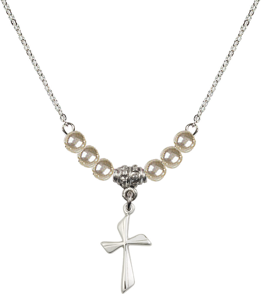 Sterling Silver Cross Birthstone Necklace with Faux-Pearl Beads - 0016
