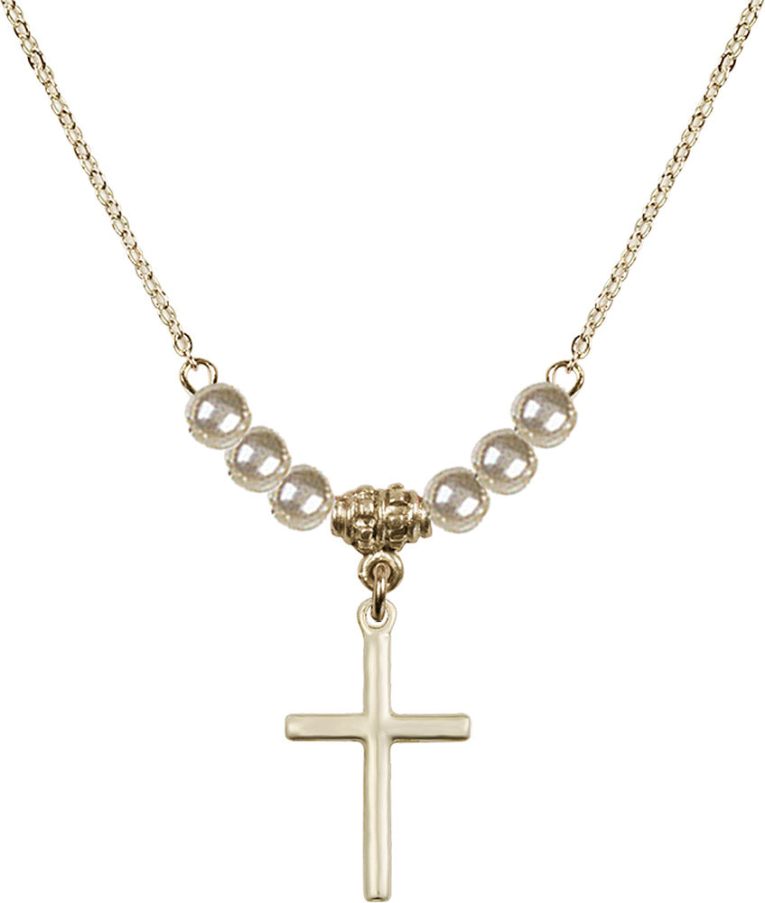 14kt Gold Filled Cross Birthstone Necklace with Faux-Pearl Beads - 0017