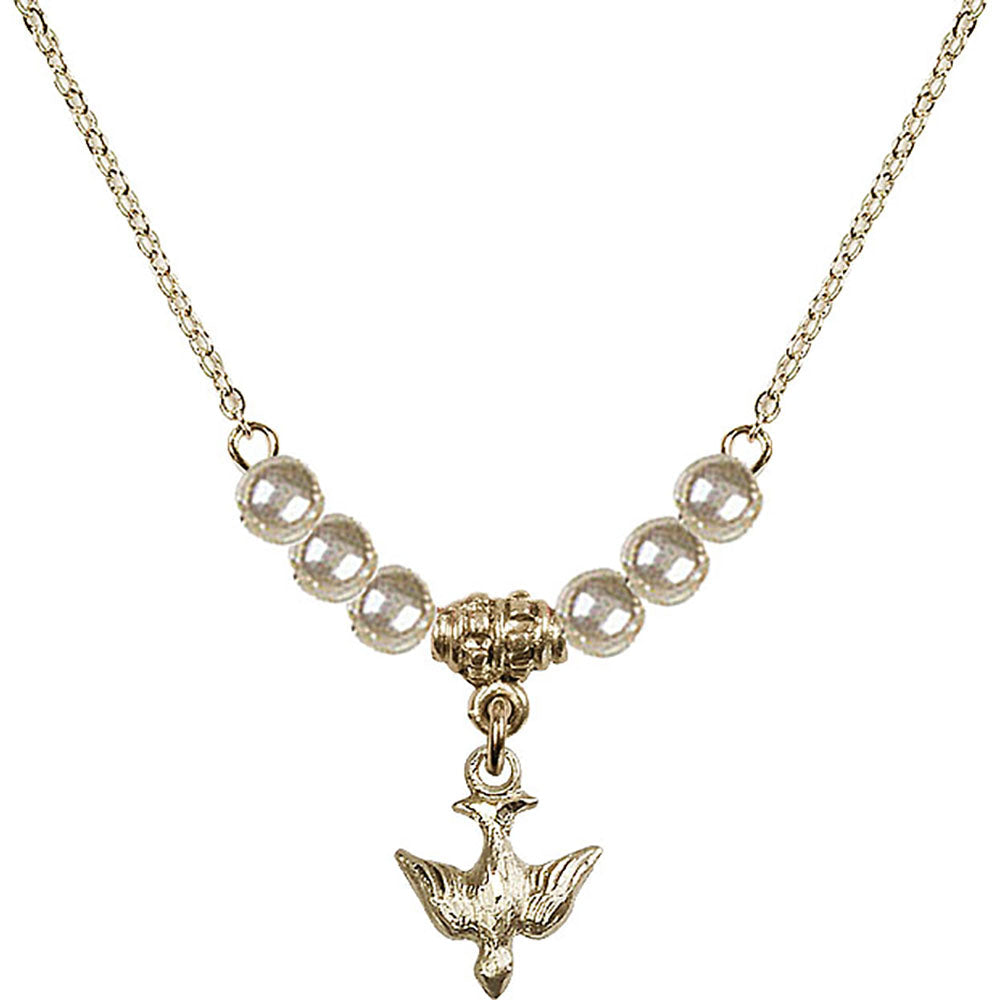 14kt Gold Filled Holy Spirit Birthstone Necklace with Faux-Pearl Beads - 0208
