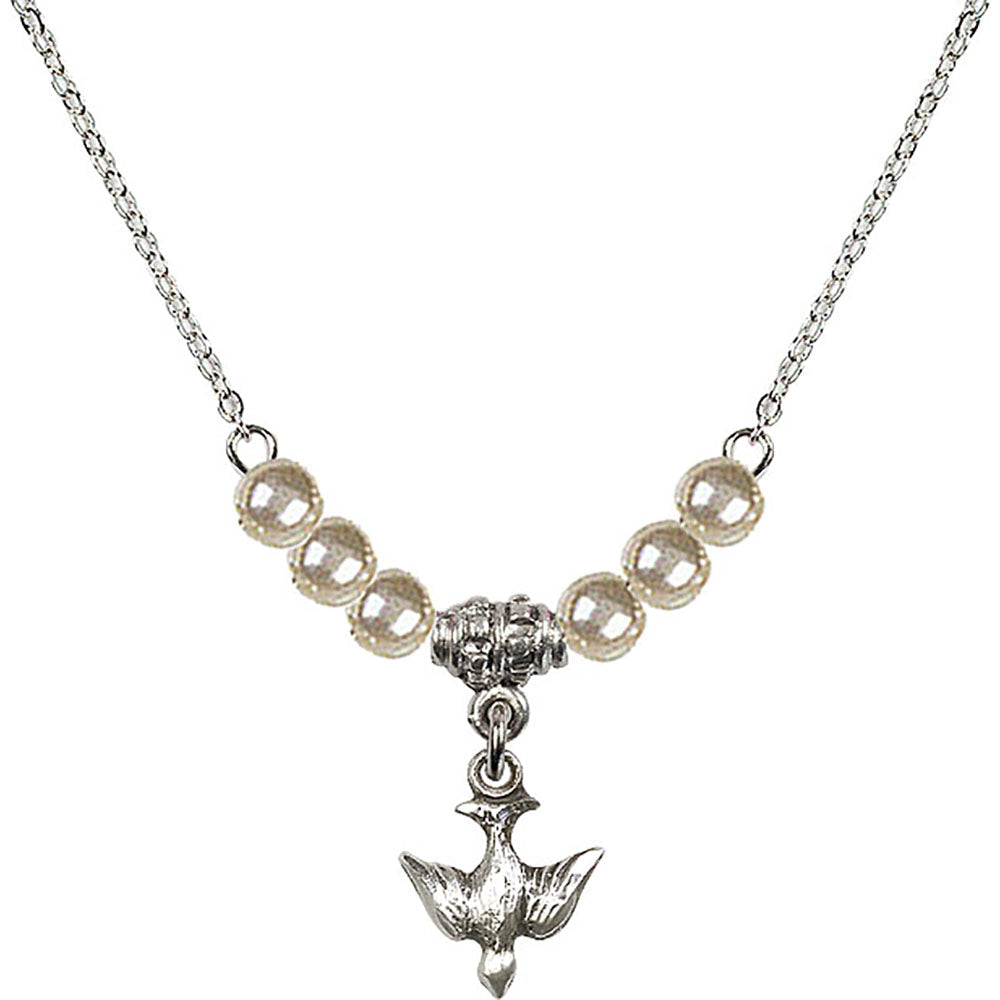 Sterling Silver Holy Spirit Birthstone Necklace with Faux-Pearl Beads - 0208