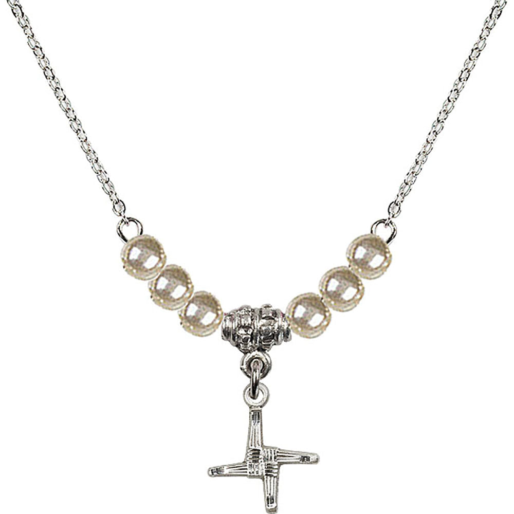 Sterling Silver Saint Brigid Cross Birthstone Necklace with Faux-Pearl Beads - 0291