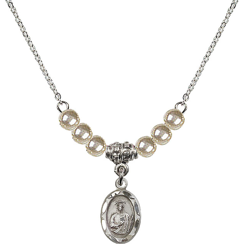 Sterling Silver Saint Jude Birthstone Necklace with Faux-Pearl Beads - 0301