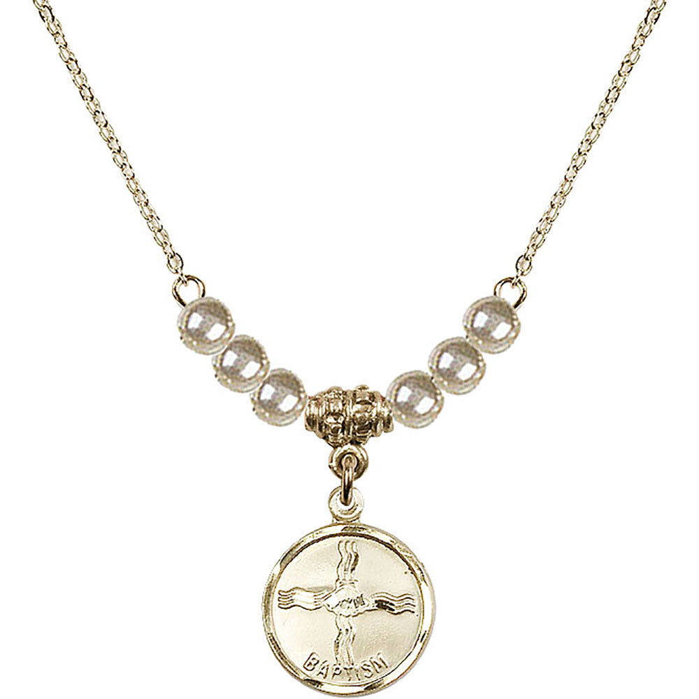 14kt Gold Filled Baptism Birthstone Necklace with Faux-Pearl Beads - 0601