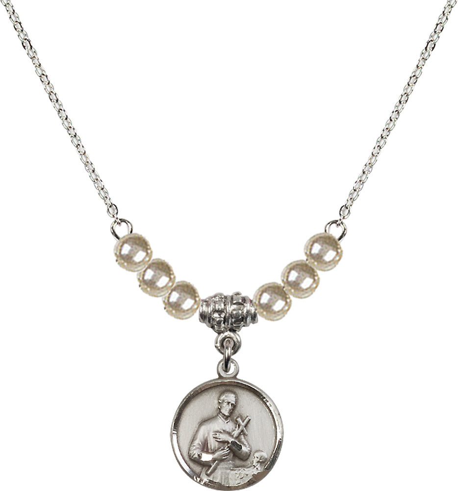 Sterling Silver Saint Gerard Birthstone Necklace with Faux-Pearl Beads - 0601