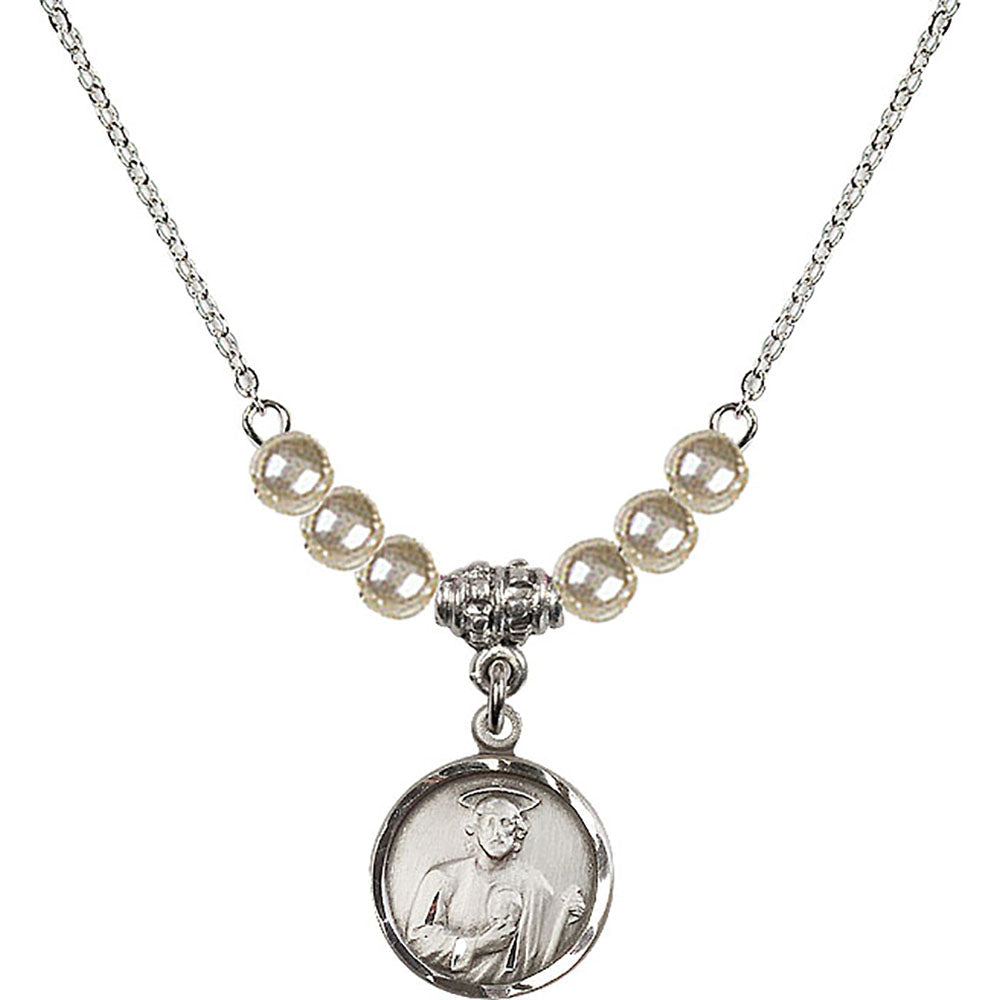 Sterling Silver Saint Jude Birthstone Necklace with Faux-Pearl Beads - 0601