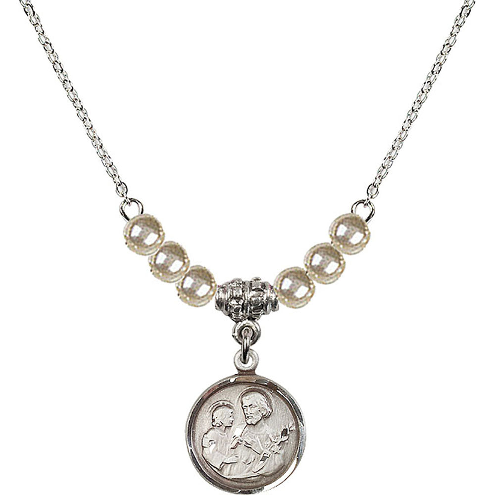 Sterling Silver Saint Joseph Birthstone Necklace with Faux-Pearl Beads - 0601