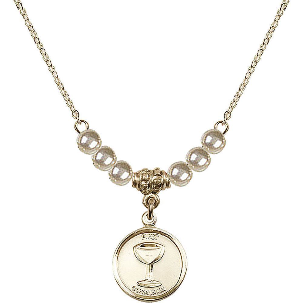 14kt Gold Filled Communion Birthstone Necklace with Faux-Pearl Beads - 0601