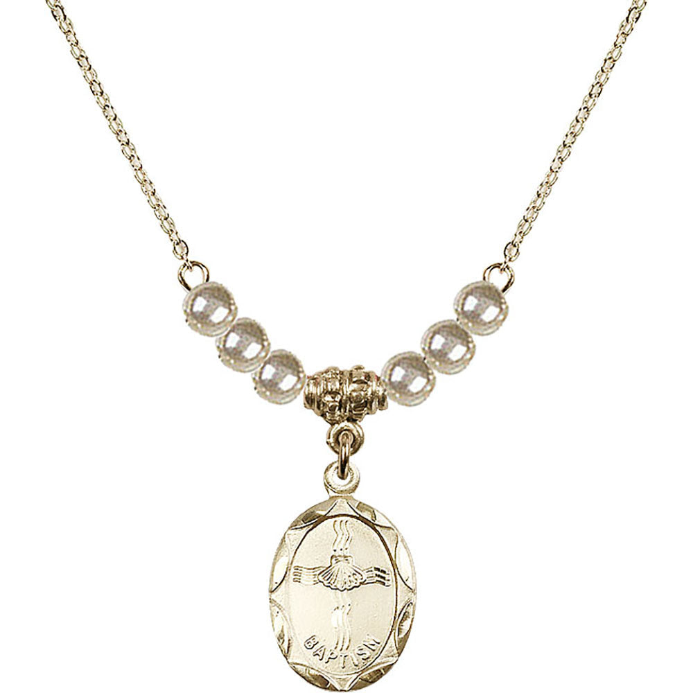 14kt Gold Filled Baptism Birthstone Necklace with Faux-Pearl Beads - 0612