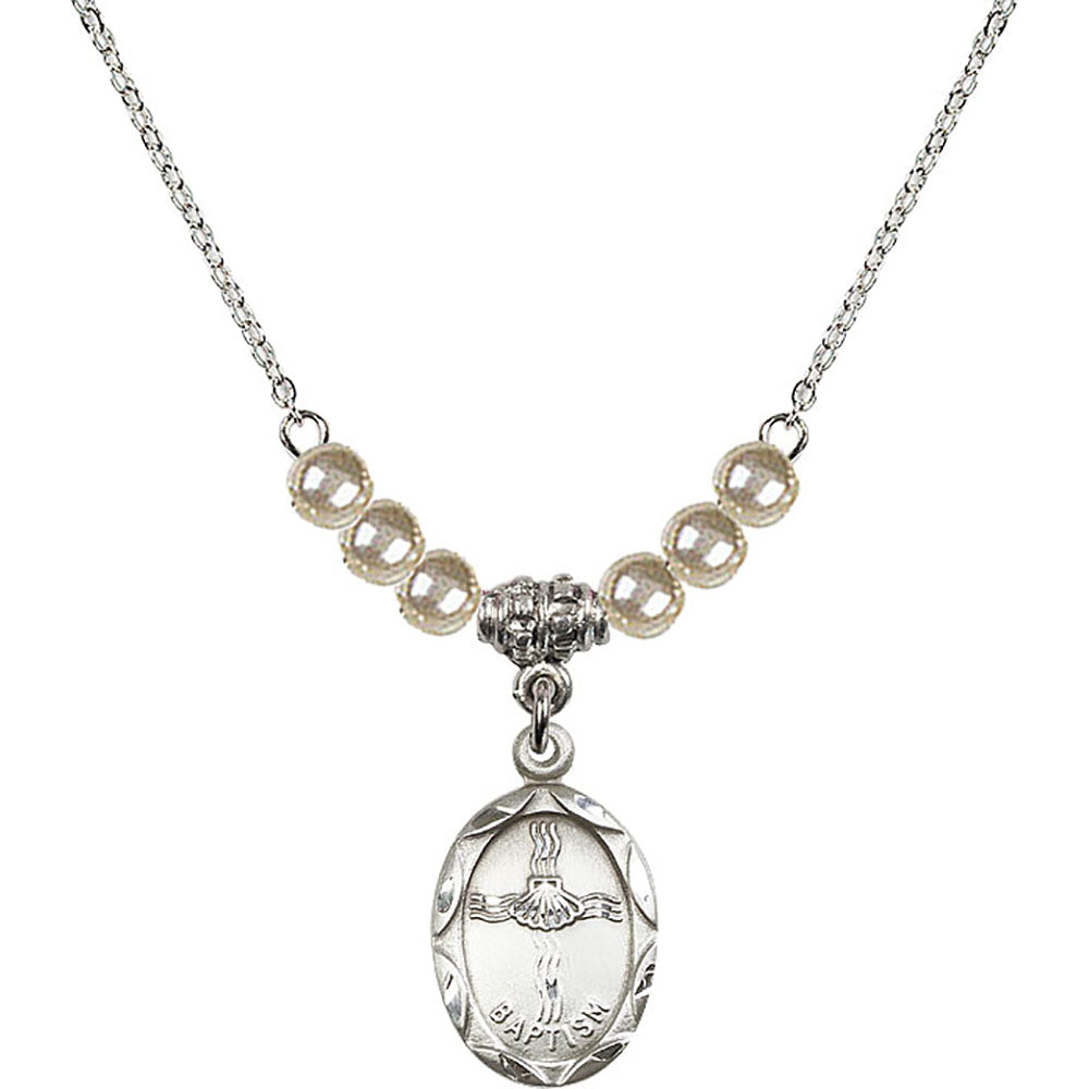 Sterling Silver Baptism Birthstone Necklace with Faux-Pearl Beads - 0612