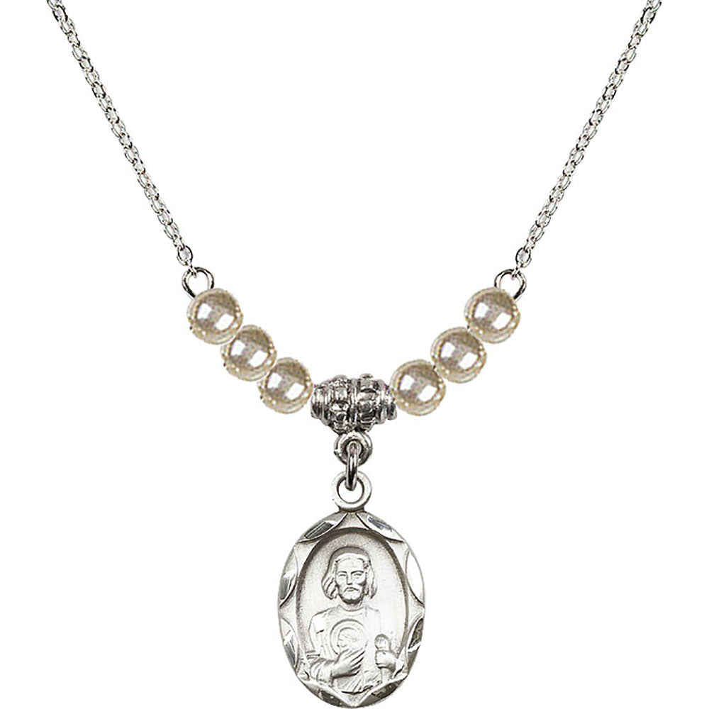 Sterling Silver Saint Jude Birthstone Necklace with Faux-Pearl Beads - 0612