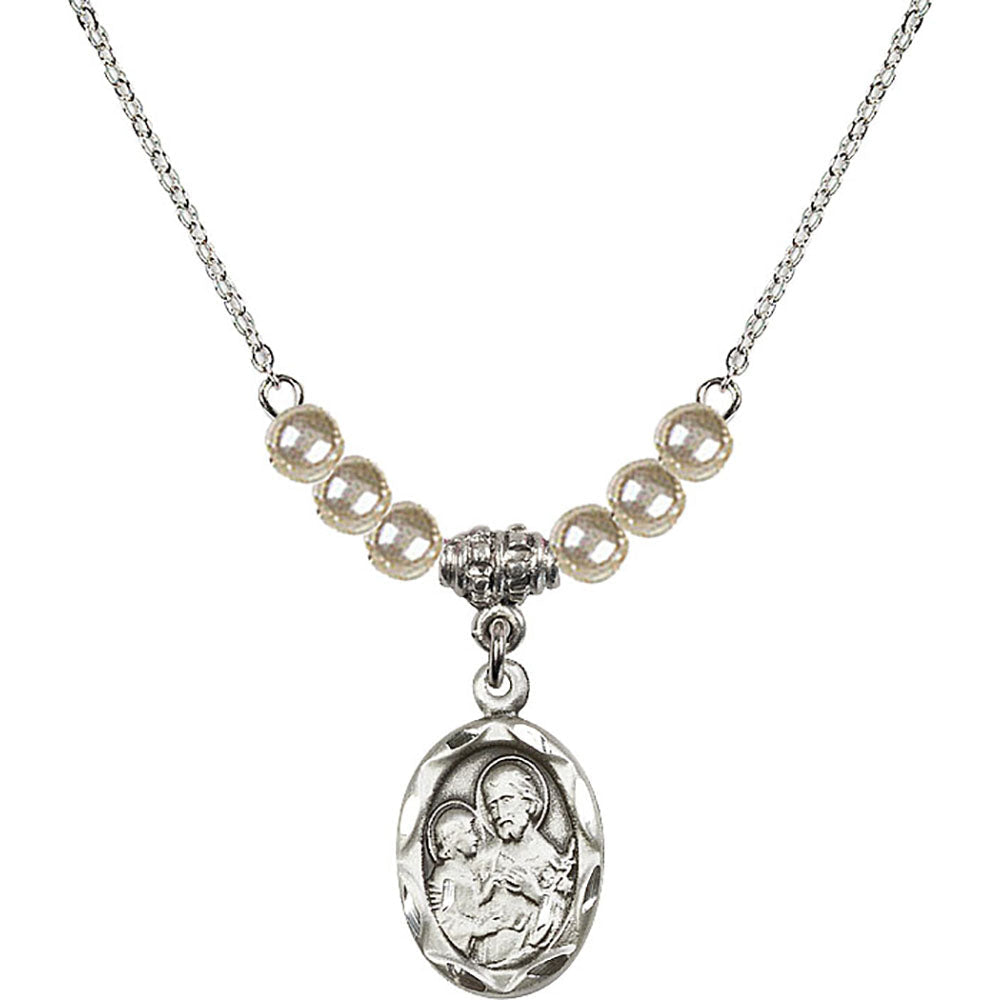 Sterling Silver Saint Joseph Birthstone Necklace with Faux-Pearl Beads - 0612