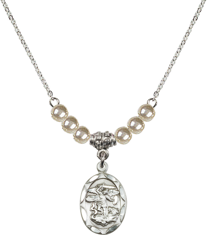 Sterling Silver Saint Michael the Archangel Birthstone Necklace with Faux-Pearl Beads - 0612