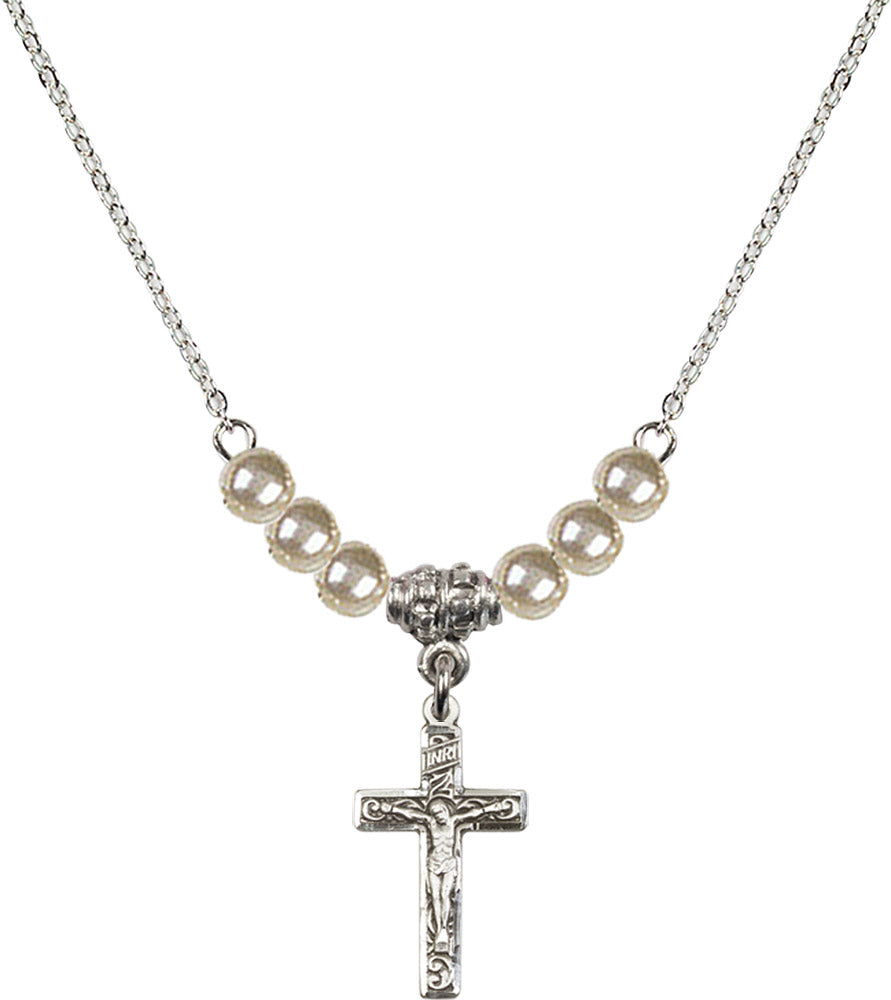 Sterling Silver Crucifix Birthstone Necklace with Faux-Pearl Beads - 0672
