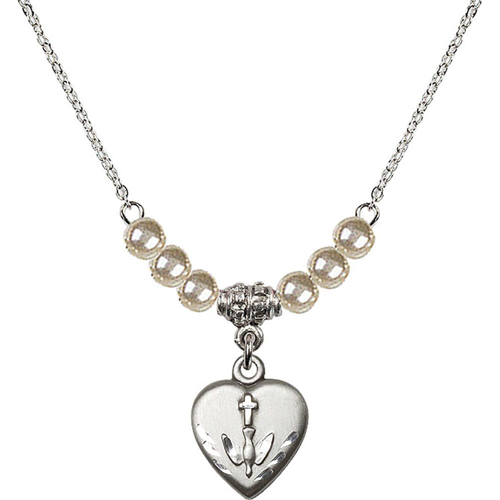 Sterling Silver Heart / Confirmation Birthstone Necklace with Faux-Pearl Beads - 0891