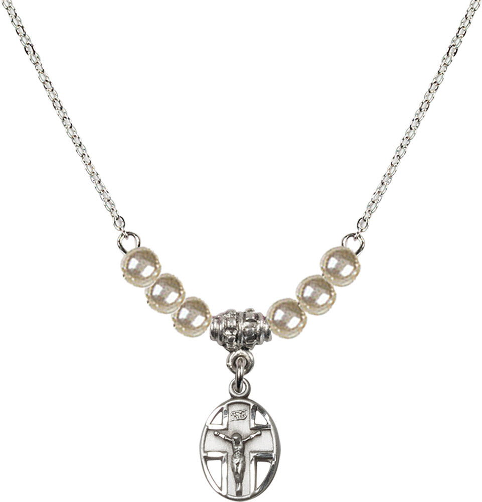 Sterling Silver Crucifix Birthstone Necklace with Faux-Pearl Beads - 0978