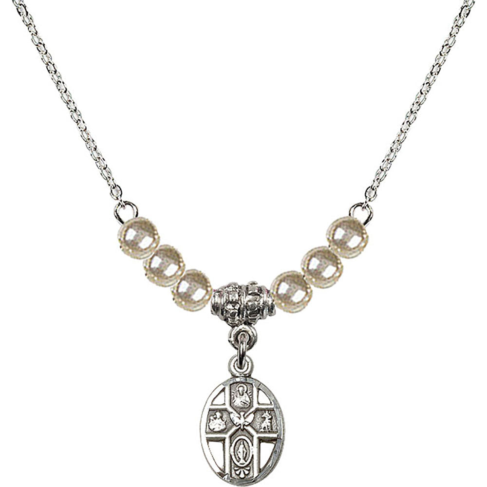 Sterling Silver 5-Way Birthstone Necklace with Faux-Pearl Beads - 0980