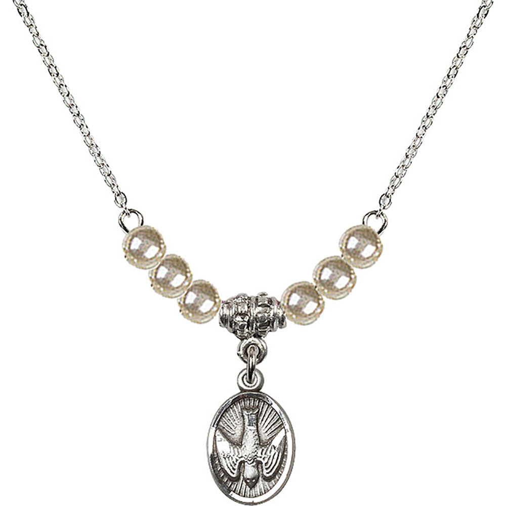 Sterling Silver Holy Spirit Birthstone Necklace with Faux-Pearl Beads - 0982
