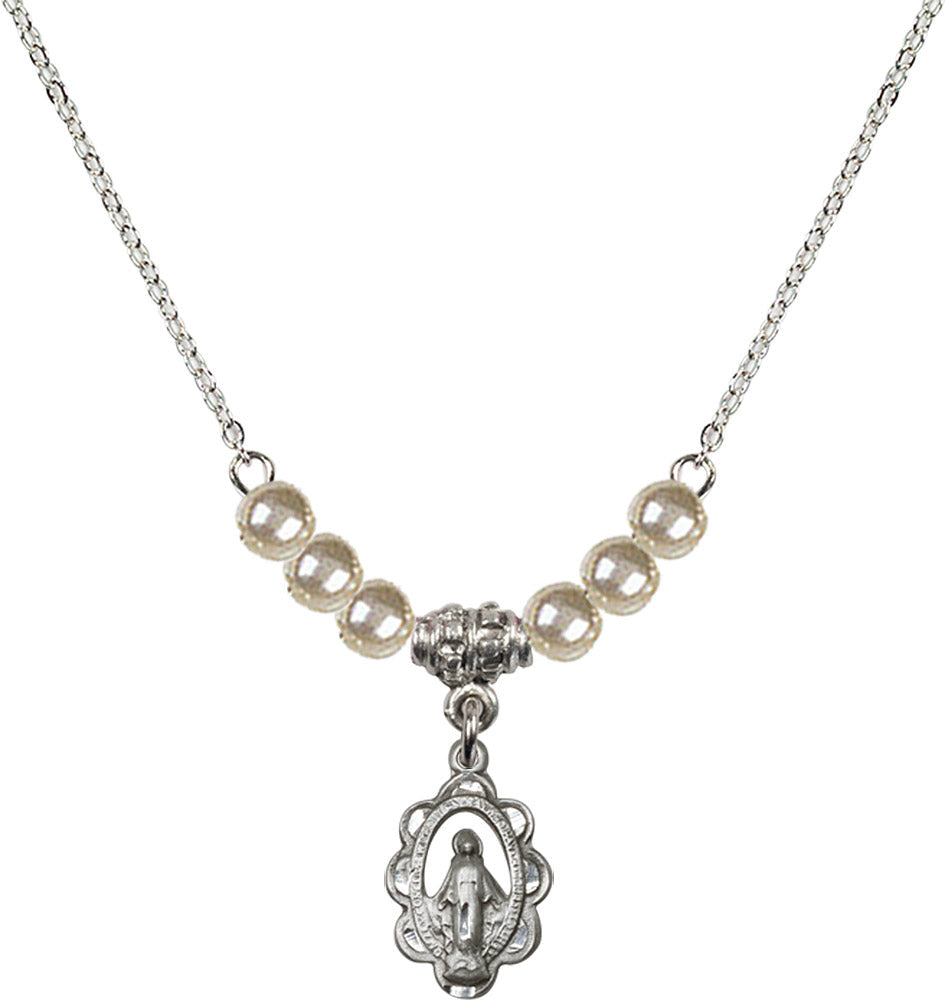 Sterling Silver Miraculous Birthstone Necklace with Faux-Pearl Beads - 1610