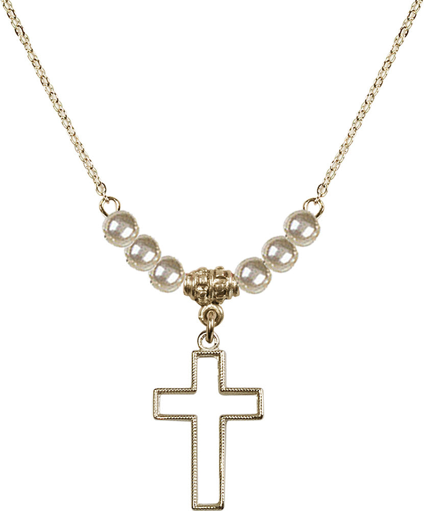 14kt Gold Filled Cross Birthstone Necklace with Faux-Pearl Beads - 1708
