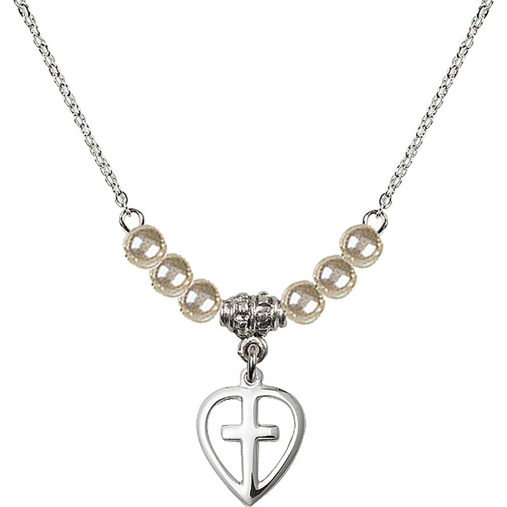 Sterling Silver Heart / Cross Birthstone Necklace with Faux-Pearl Beads - 1709