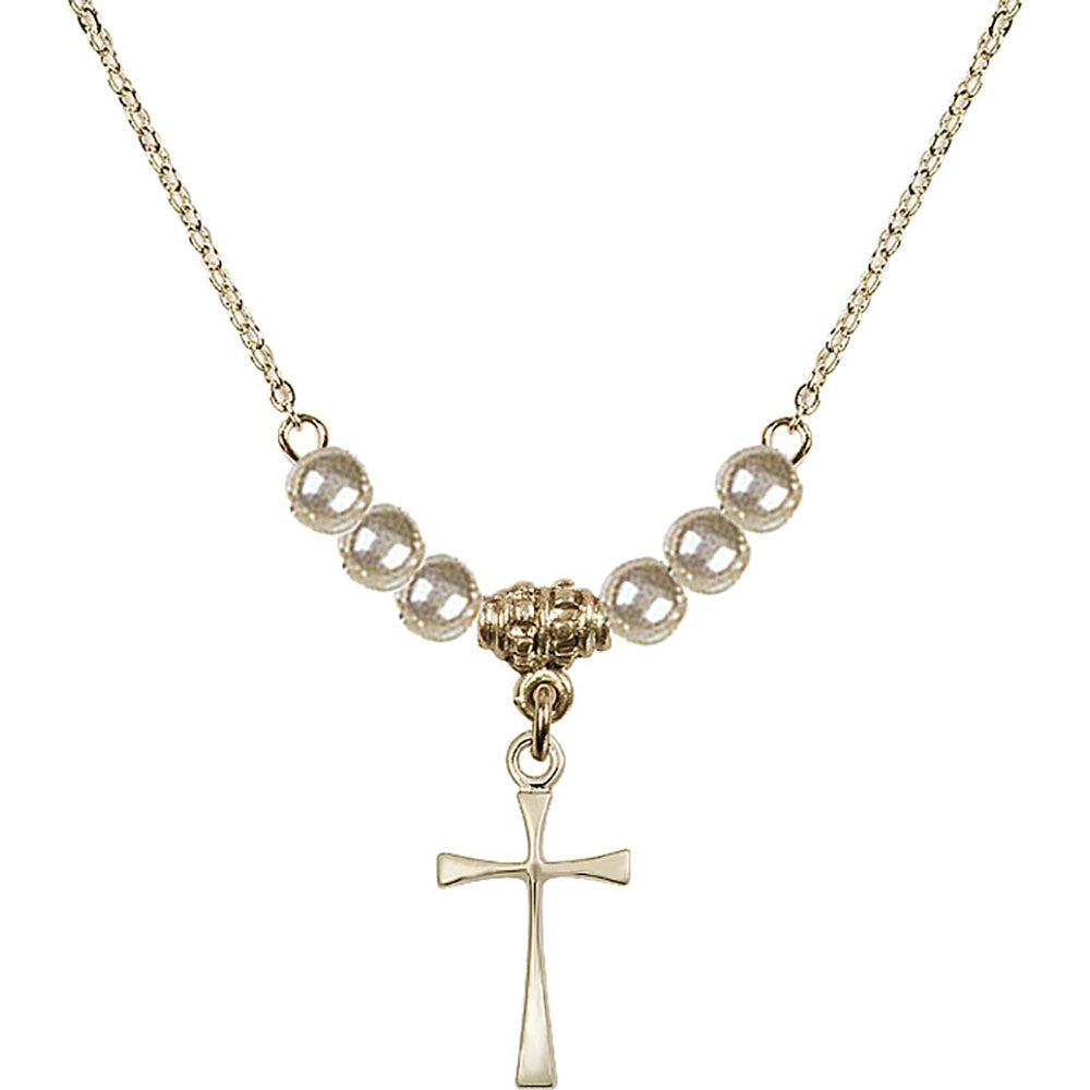 14kt Gold Filled Maltese Cross Birthstone Necklace with Faux-Pearl Beads - 1872