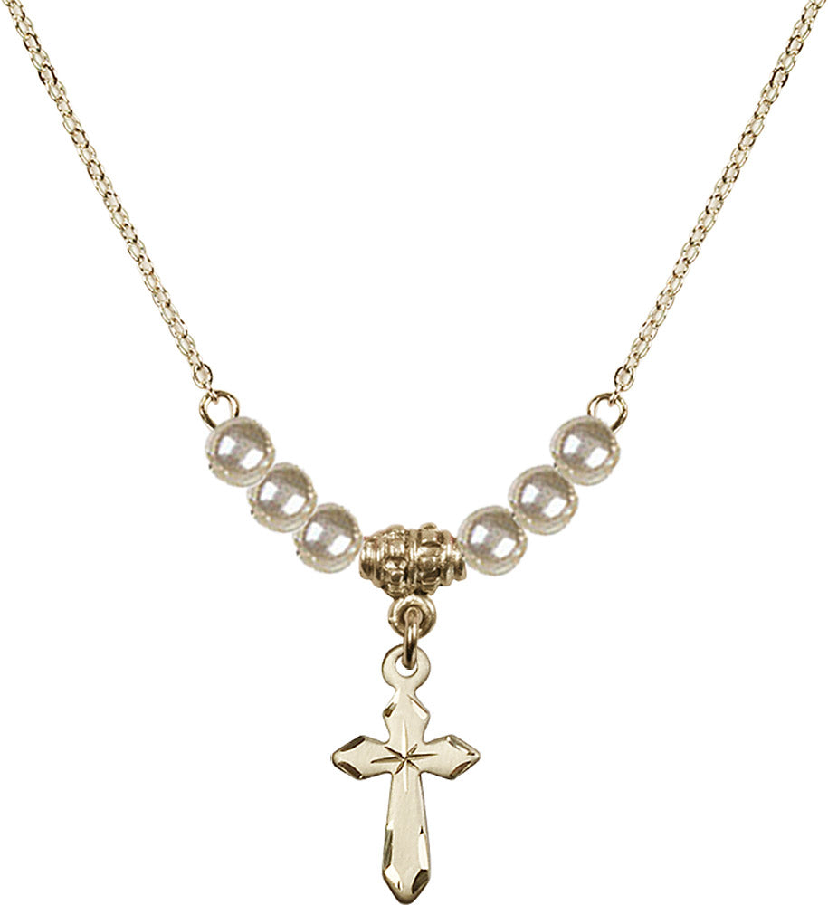 14kt Gold Filled Cross Birthstone Necklace with Faux-Pearl Beads - 2529