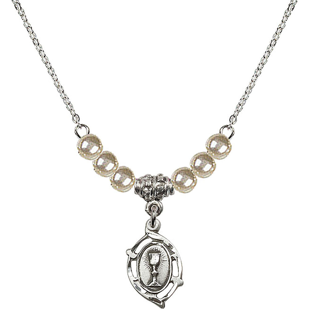 Sterling Silver Communion Birthstone Necklace with Faux-Pearl Beads - 3019