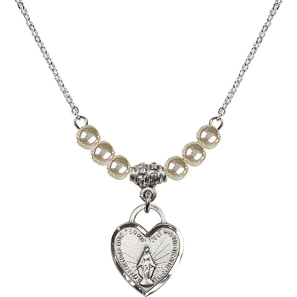 Sterling Silver Miraculous Heart Birthstone Necklace with Faux-Pearl Beads - 3401