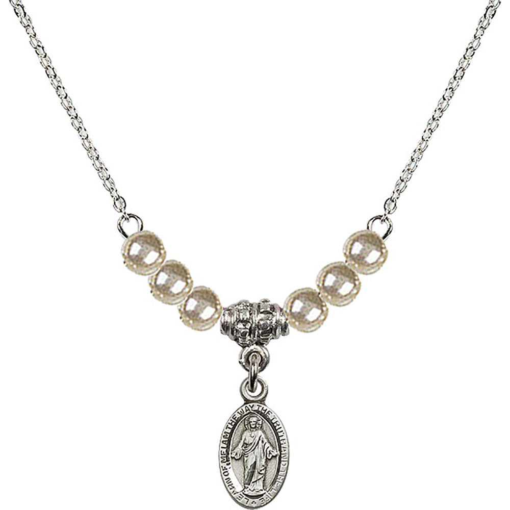 Sterling Silver Scapular Birthstone Necklace with Faux-Pearl Beads - 4121