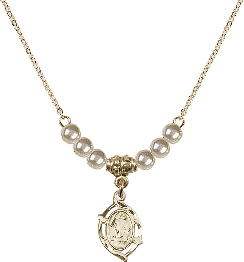 14kt Gold Filled Guardian Angel Birthstone Necklace with Faux-Pearl Beads - 4154