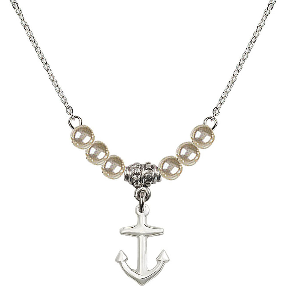 Sterling Silver Anchor Birthstone Necklace with Faux-Pearl Beads - 4158