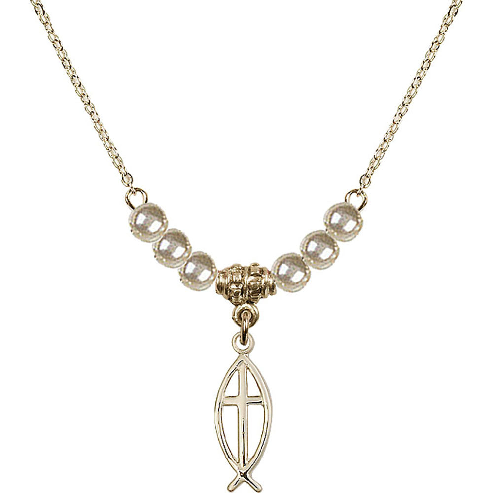 14kt Gold Filled Fish / Cross Birthstone Necklace with Faux-Pearl Beads - 4251