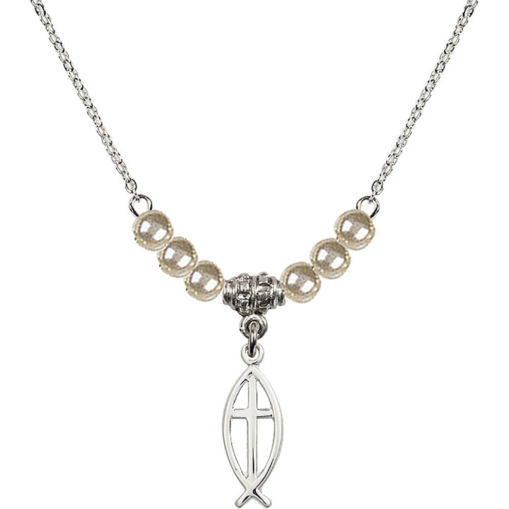 Sterling Silver Fish / Cross Birthstone Necklace with Faux-Pearl Beads - 4251
