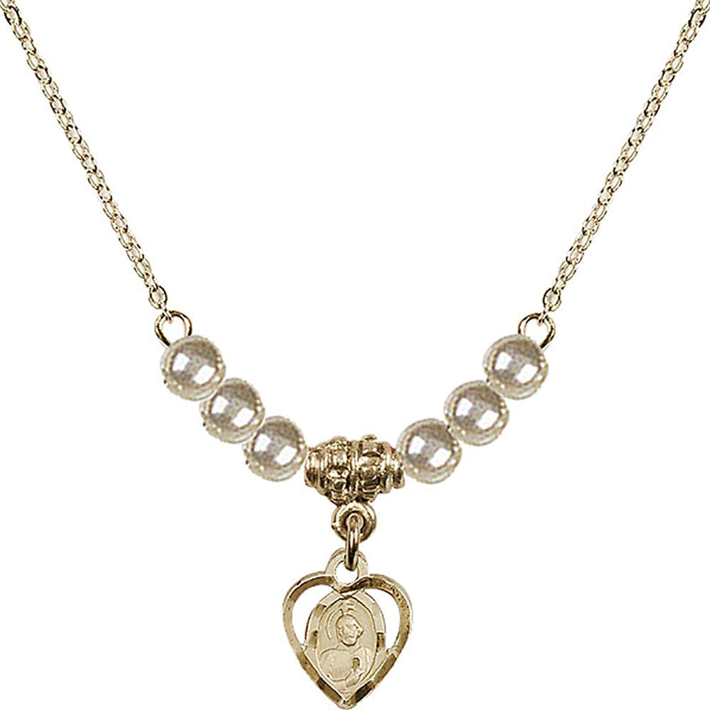 14kt Gold Filled Saint Jude Birthstone Necklace with Faux-Pearl Beads - 5404