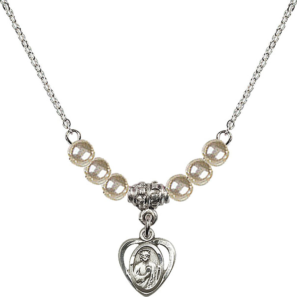 Sterling Silver Saint Jude Birthstone Necklace with Faux-Pearl Beads - 5404