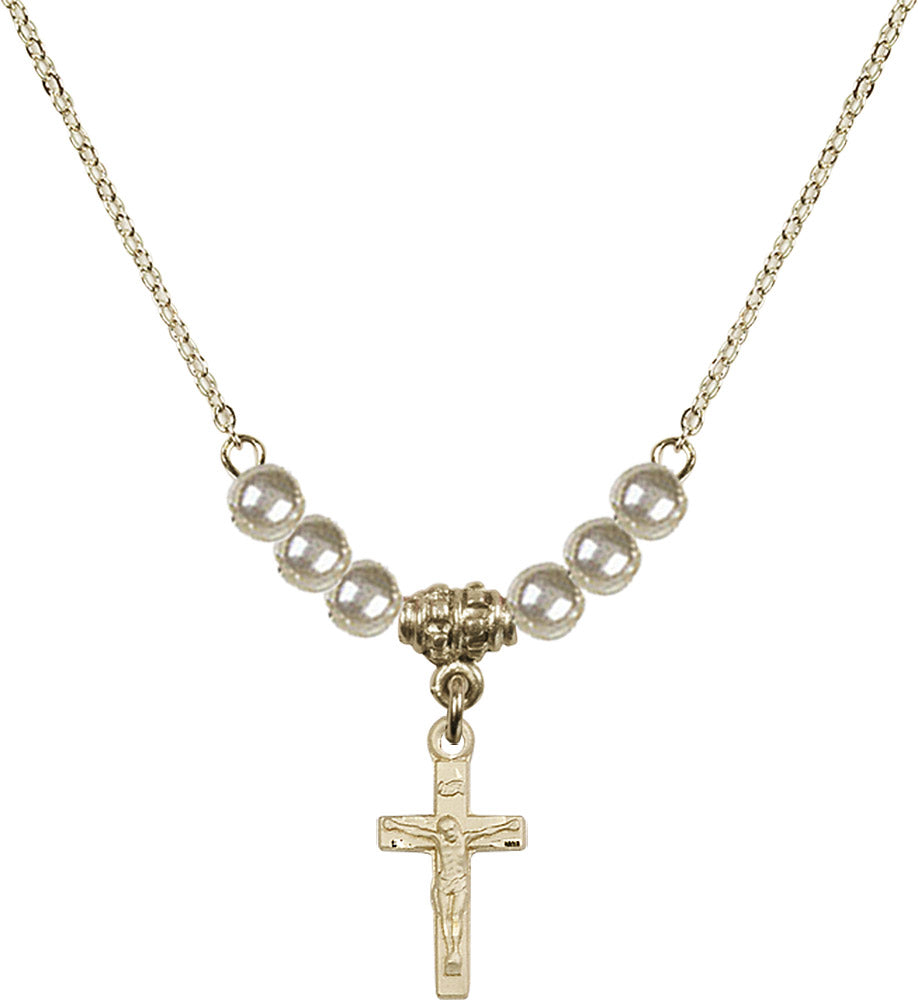 14kt Gold Filled Crucifix Birthstone Necklace with Faux-Pearl Beads - 5417