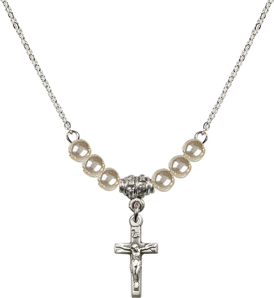 Sterling Silver Crucifix Birthstone Necklace with Faux-Pearl Beads - 5417